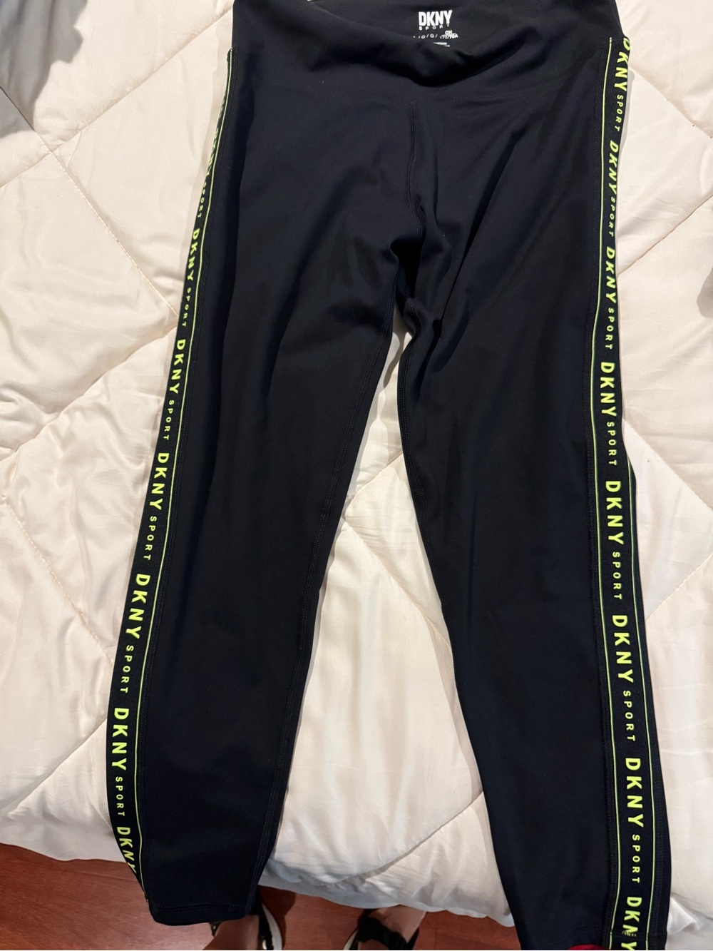 DKNY Black Leggings with Neon Yellow Side Logo Tape- New never used